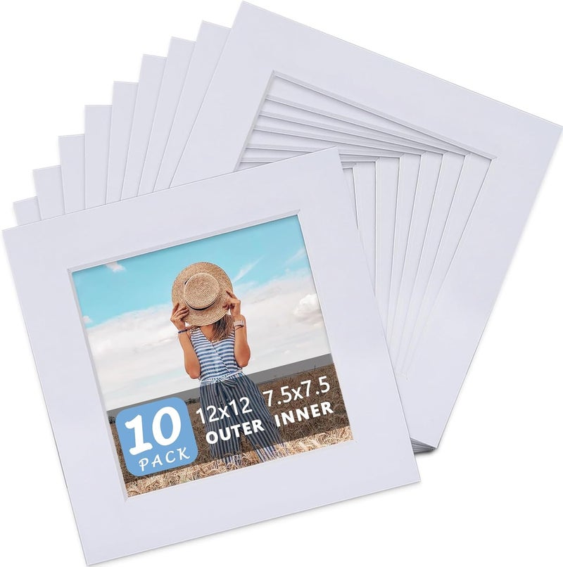 Somime 10 Pack Pre-Cut 12x12 White Picture Mats for 8x8 Photos - White Core Bevel Cut Frame Matte, Acid Free, Ideal for Frames/Artwork/Prints - Image 1